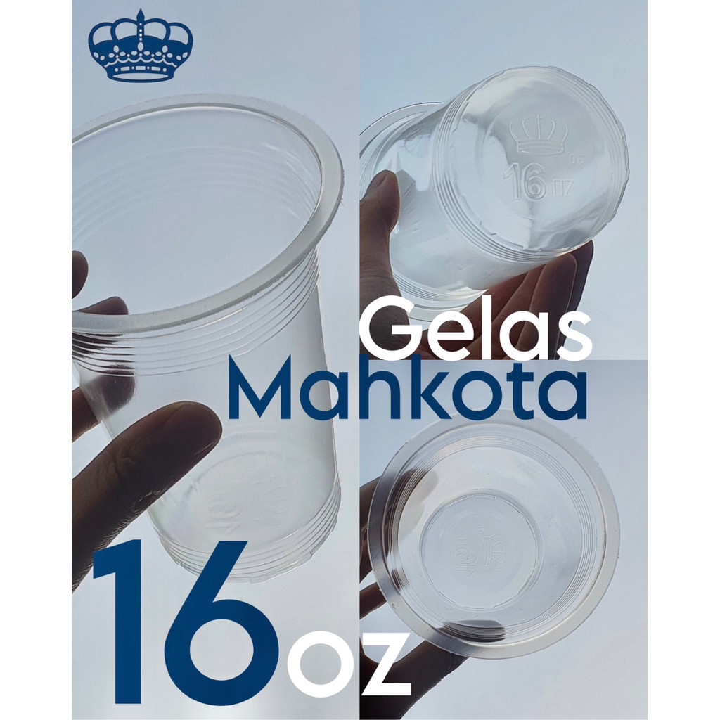 GELAS PLASTIK CUP PP MAHKOTA 16 oz + TUTUP DATAR 50 PCS / TEBAL/ MURAH / KUAT