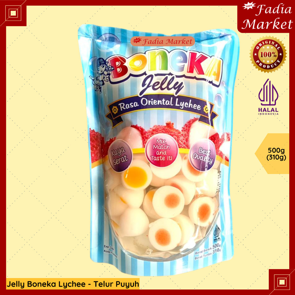 1 KARTON 20pcs Jelly Boneka Lychee Motif Telur Puyuh 500g – Cendol Jelly Rasa Leci Segar untuk Es Ca