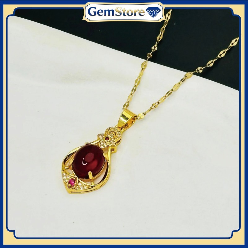 Kalung Giok Lapis Emas dengan Liontin Batu Merah Delima Perhiasan Wanita Elegan Kalung Giok Emas