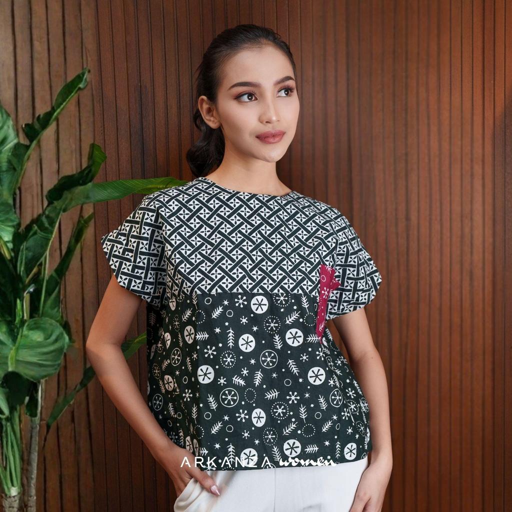 ARKANZA WOMEN Kemeja Batik Cap Celine Anthurium Hijau Atasan Wanita Katun  Modern Lengan Pendek Crop