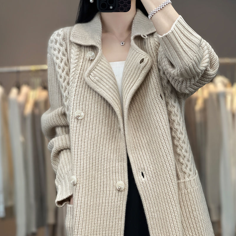 25-041103 Jaket Wanita. Women's Suit Collar Wool Thickened Knitted Coat