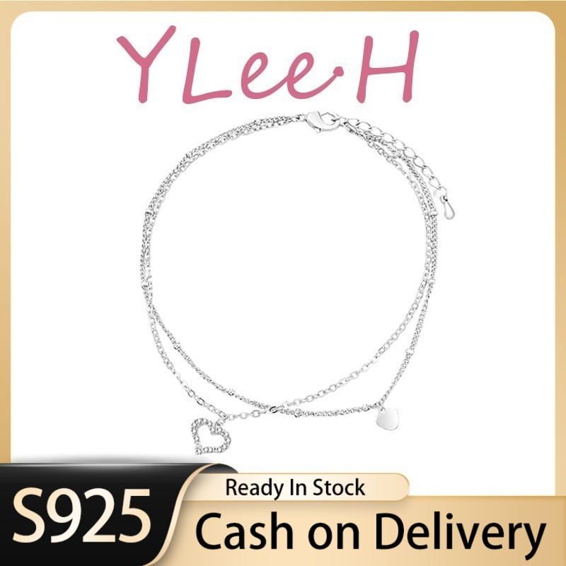 Gelang Kaki Perak 925 Elegan Bentuk Hati Lapisan Ganda Bertatahkan Berlian