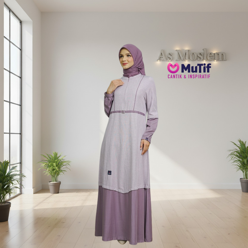 MUTIF Fasilla Purple Gamis Wanita Dewasa Aksen Belt Kecil Busui Wudhu Friendly Dress Panjang A-line