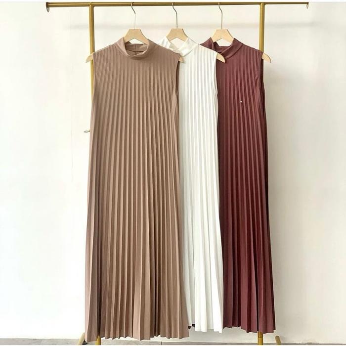 promo  -Dress Inner Plisket Tanpa Lengan Hyget Premium Maxi Casual Panjang Muslim -  Gamis Pesta  ni