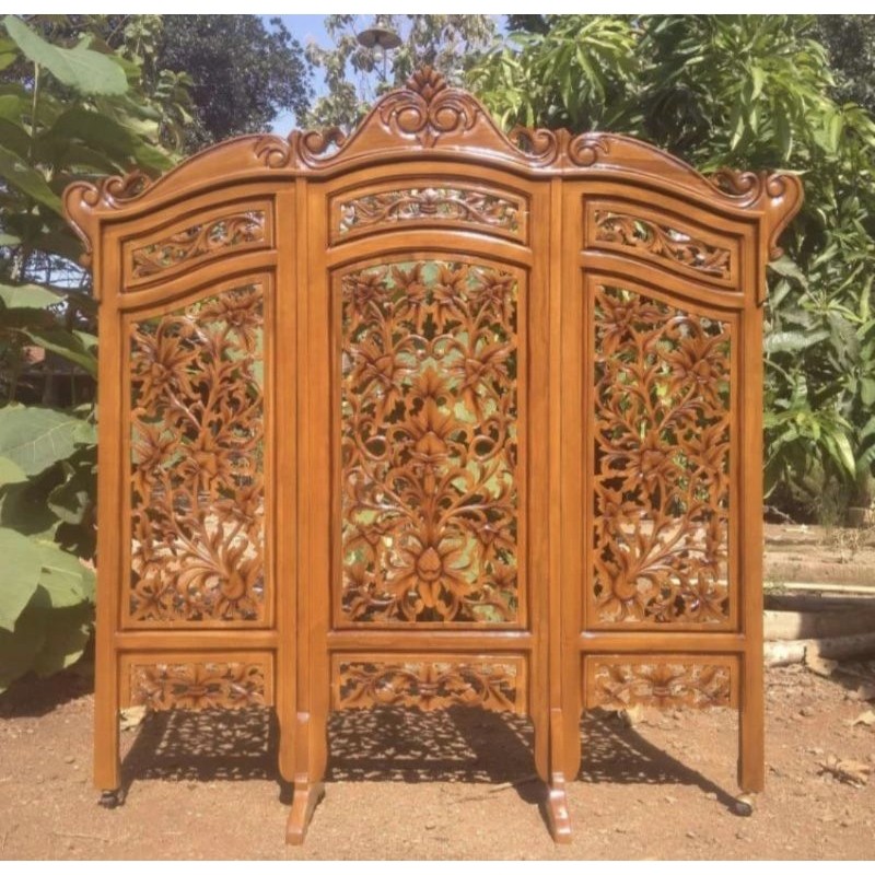 Penyekat ruangan ukiran kayu jati perhutani jepara ukir asli ori original terbaik termurah pembatas 