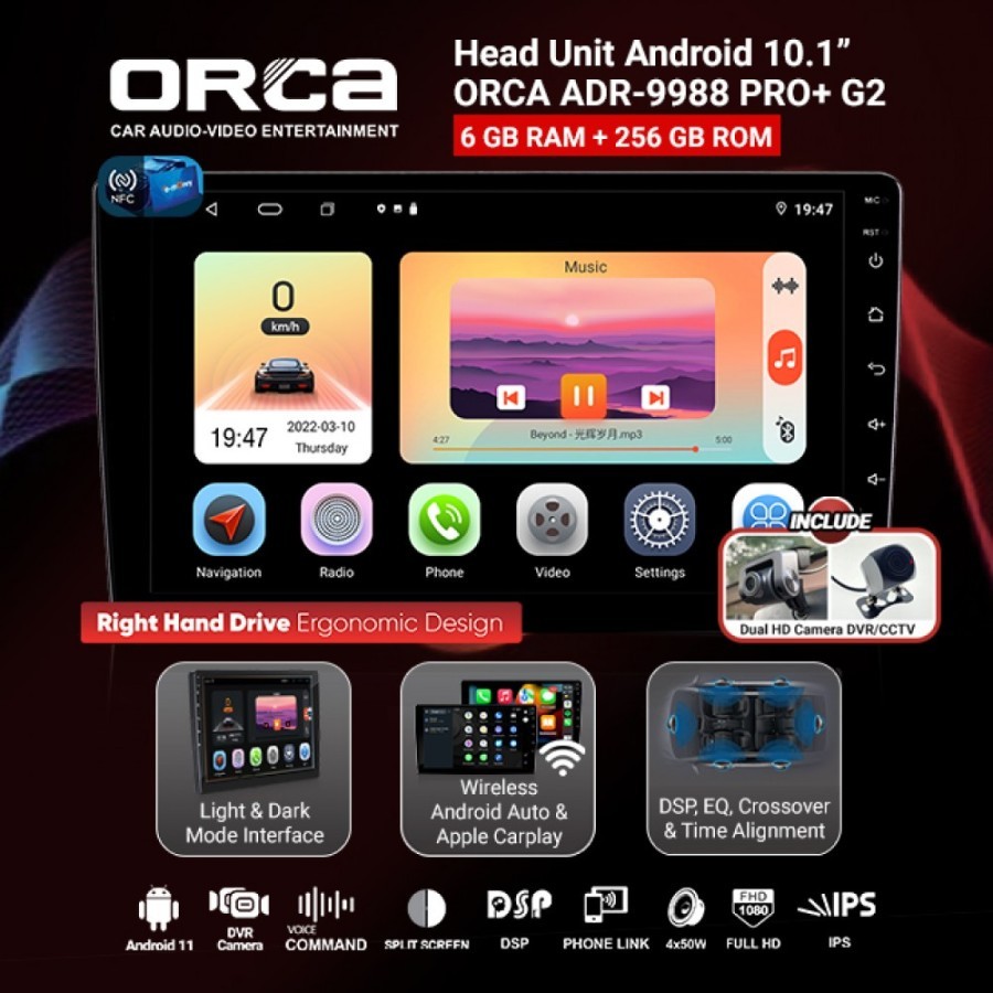 ORCA PRO+ G2 10 Inch Head Unit Android 10 inch QLED RAM 6GB ROM 256GB NFC - Garansi Resmi