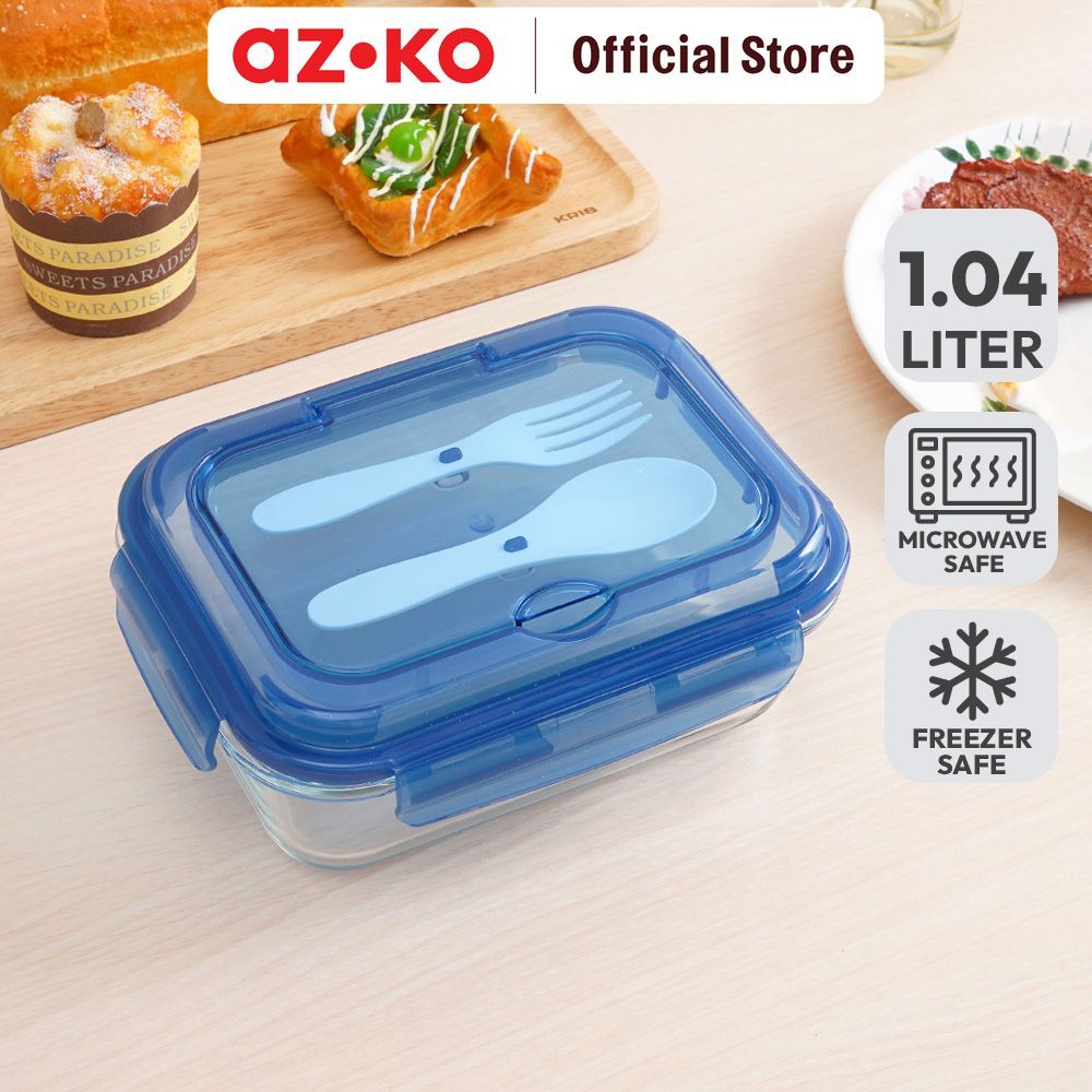 AZKO Picas 1.04 ltr Kotak Makan Kaca Dengan Sendok & Garpu Lunch Box Kaca Tempat Bekal Kaca Food Con