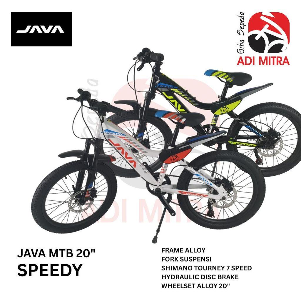 JAVA SPEEDY Sepeda MTB 20 Inch 7 Speed Alloy Frame Suspensi Fork Rem Hidrolik Disc Brake Shimano Tou