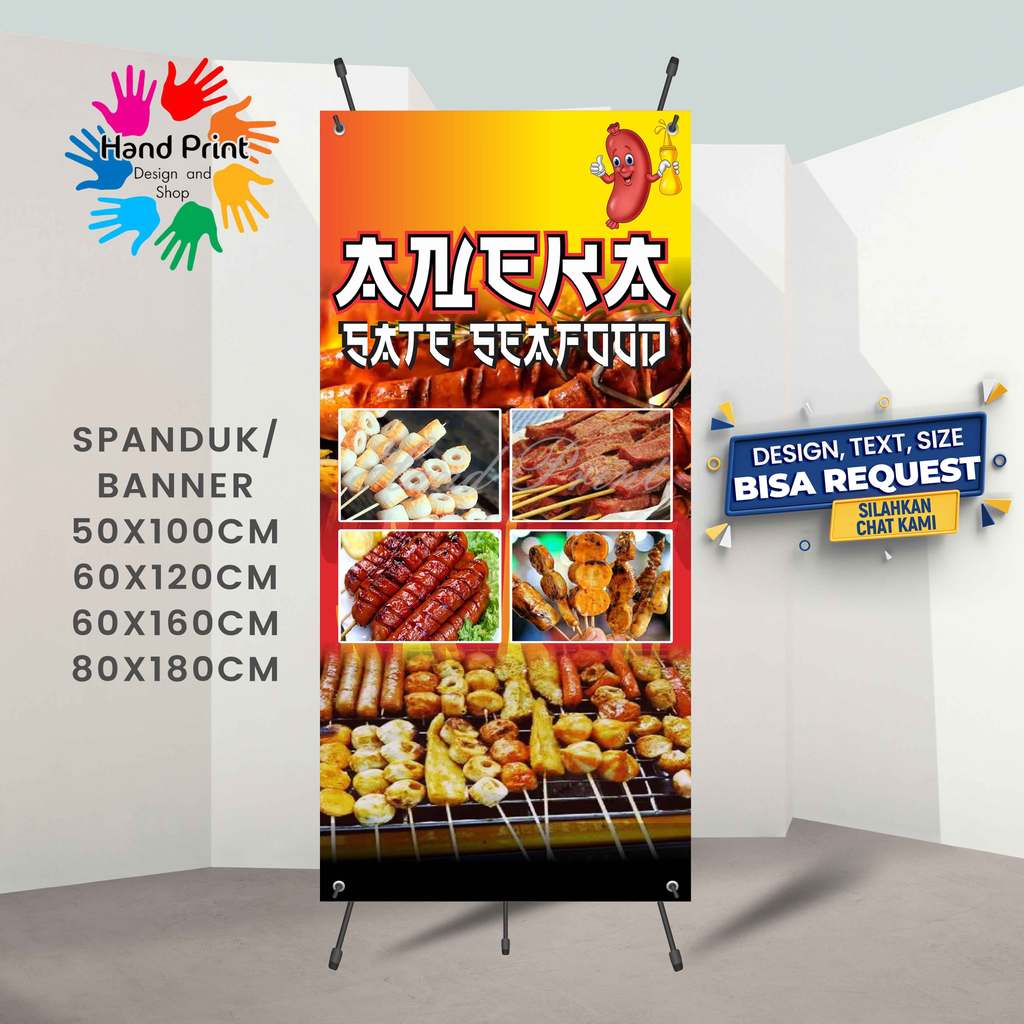 Cetak Spanduk Banner Aneka Sate Seafood Merah  MMT Spanduk Custom 60x160