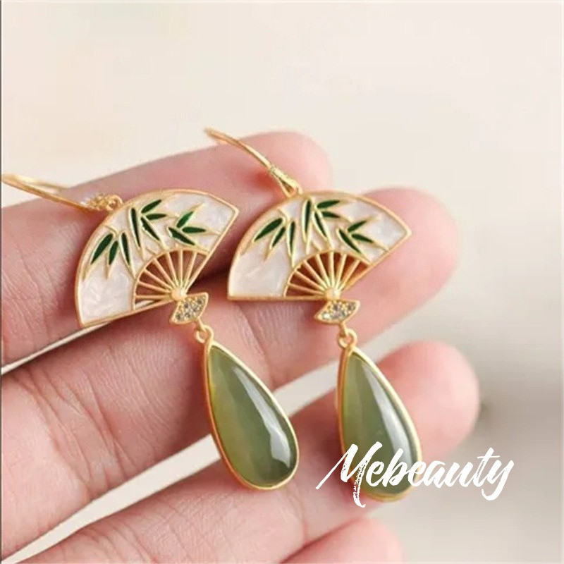 MEBEAUTY Anting Wanita Batu Giok Gaya Tionghoa Retro Elegan Aksesoris Cheongsam Hanfu Gaya Etnis Mod