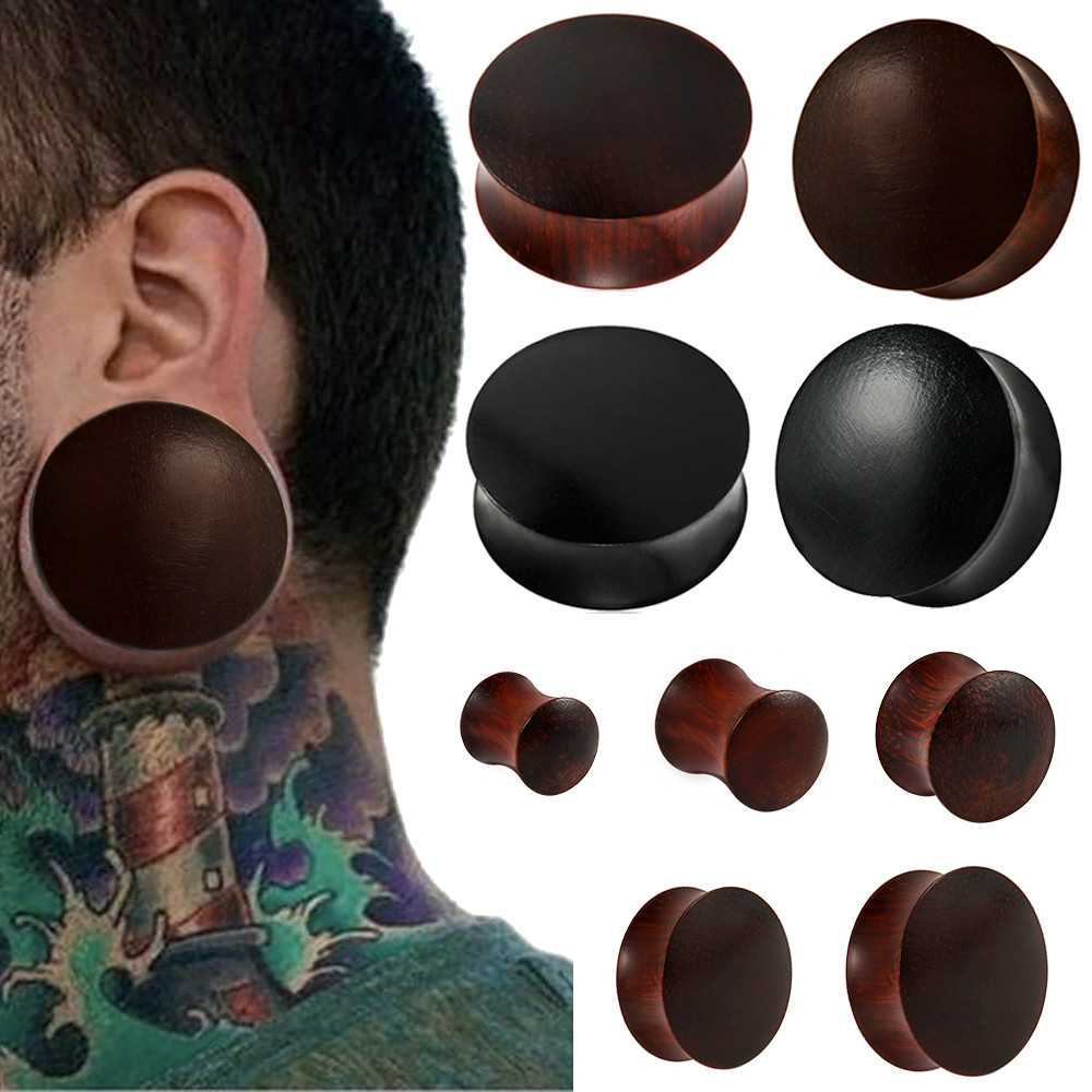 PAIR Sandalwood Double Flared Ear Tunnel Plugs Expanders Black&Red Wood Ear Gauges Body Piercing Bod