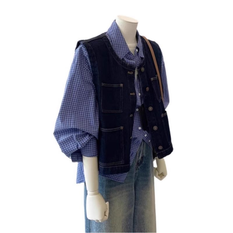 Rompi denim wanita rompi jaket tanpa lengan baris baru dicuci