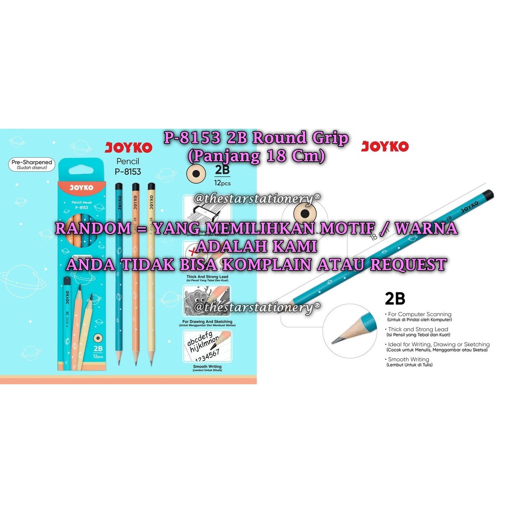 (1 Biji) GROSIR Pensil JOYKO P-8153 2B Round Grip / JOYKO Pencil Pensil P-8153 2B RANDOM (1 Biji)