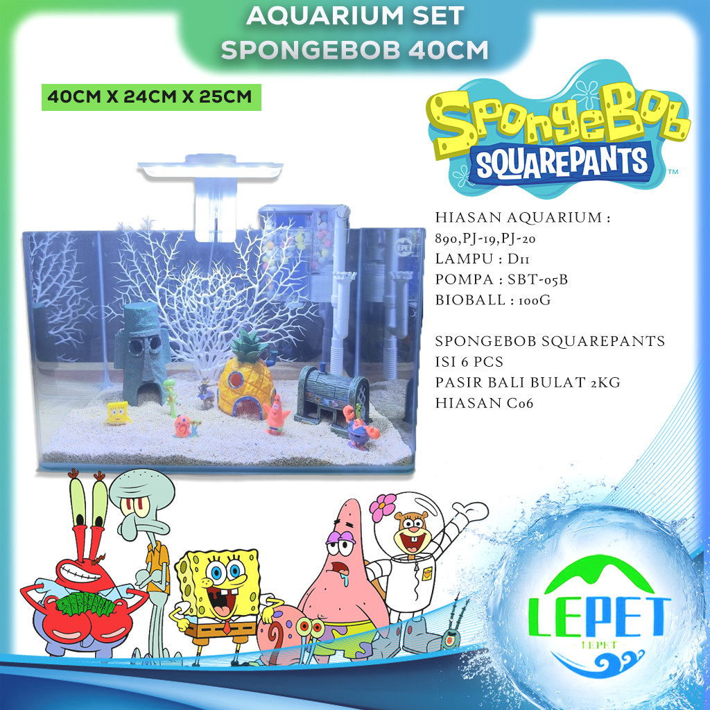 LEPET PAKET AQUARIUM SPONGEBOB 40CM / AQUARIUM MELENGKUNG / AQUASCAPE / AQUARIUM BENDING