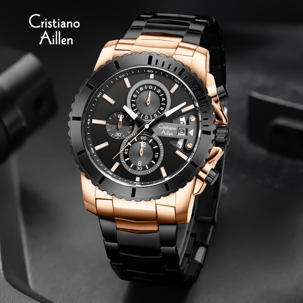 Cristiano Aillen Jam Tangan Pria Analog 8898 Rantai Stainless Steel Chronograph Kaca Sapphire Water 