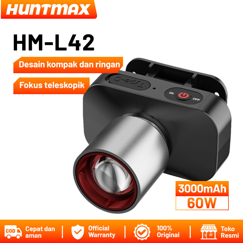PROMOHUNTMAX Senter Kepala Cahaya/Lampu Senter Kepala Fokus & Penyebaran Zoom 60w/800lumenREADY