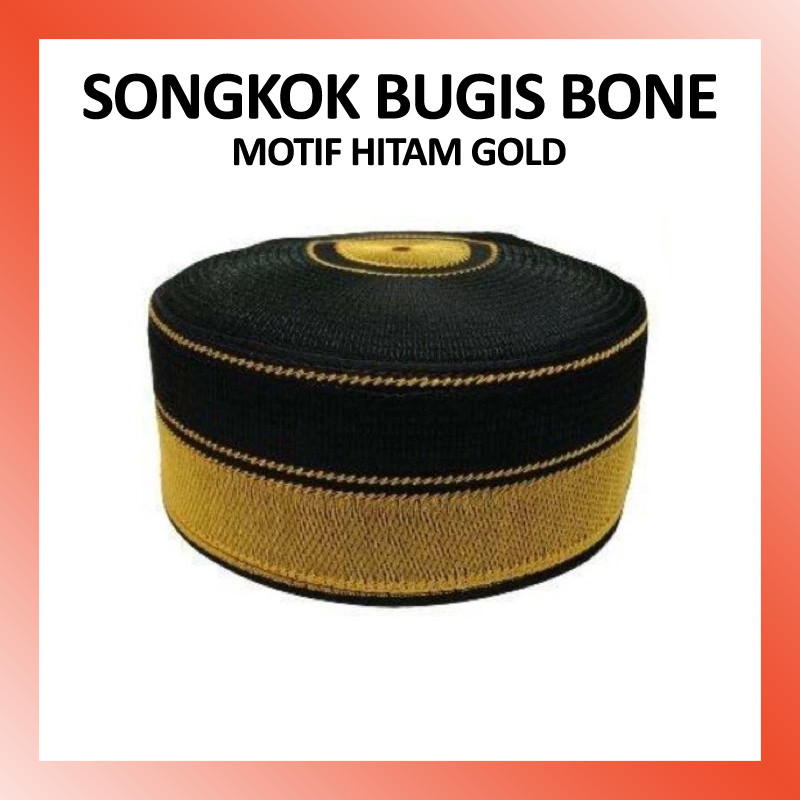 LAMMORO > FM05 Songkok Bugis Recca Bone Peci Songko Hitam Gold Kuning Bordir Kualitas Bagus Busana F