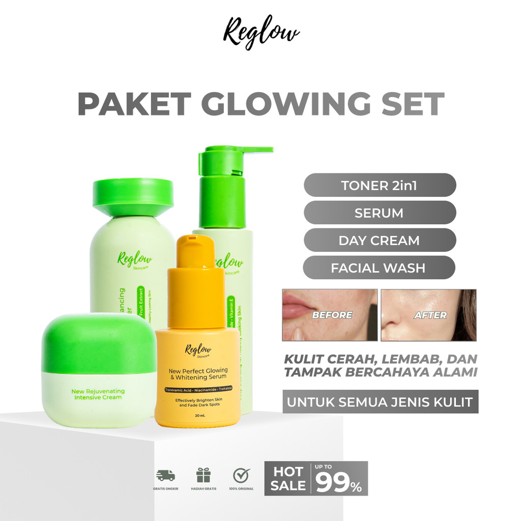REGLOW PAKET GLOWING SET DAY CREAM TONER FACIAL WASH SERUM KULIT BERMINYAK  GRATIS ONGKIR