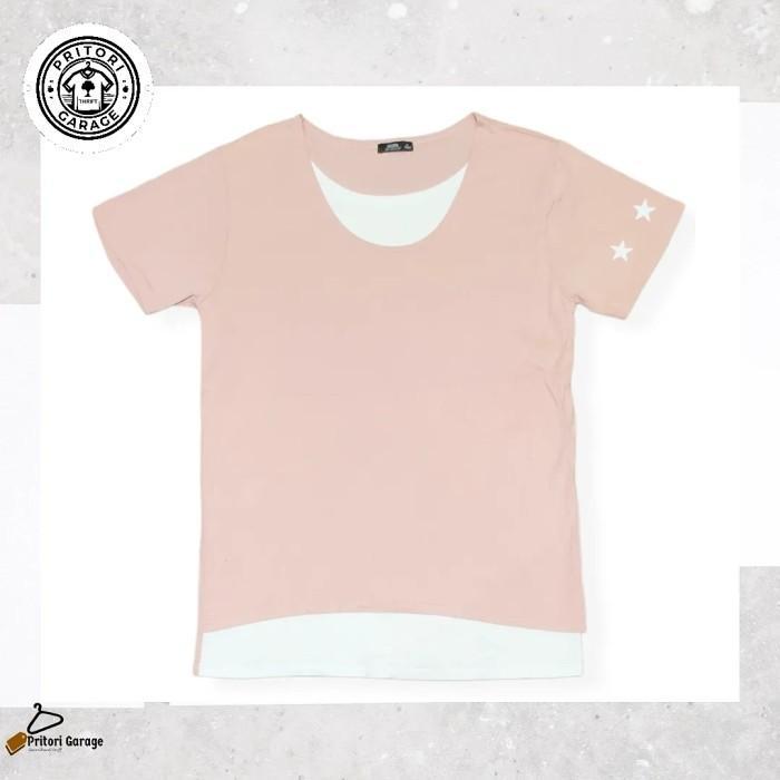 Kaos T-shirt Long Line 2 Tone Imoda White Soft Pink Color M "Vintage"