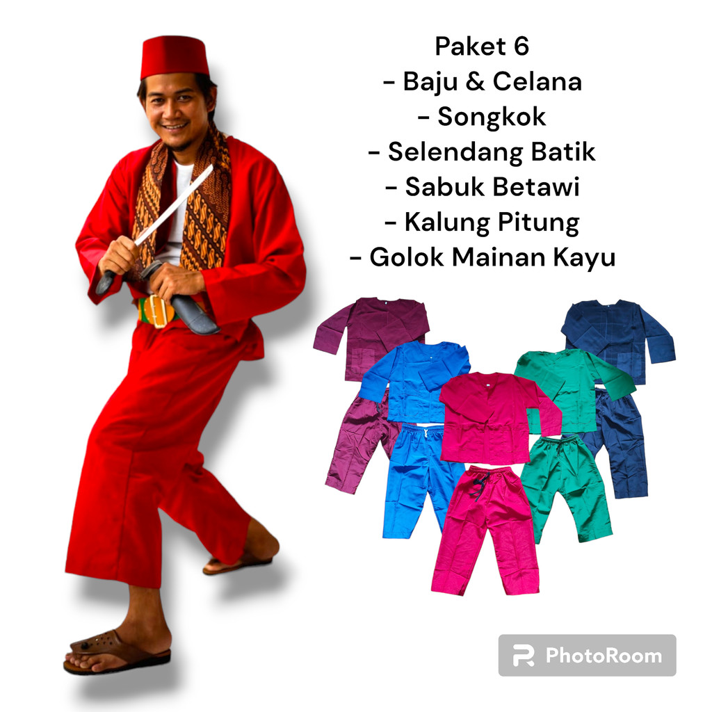 PROMO Akhir Tahun NURÉ SHOP Setelan Baju Pangsi Adat Betawi Lengkap Dapat Songkok Selendang Batik Sa