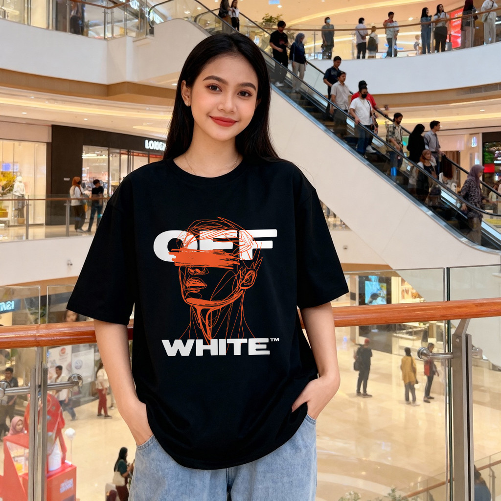 Distro Original 100% Off White Face Art Kaos Wanita Oversize Santai Pakaian Atasan Wanita untuk Semu