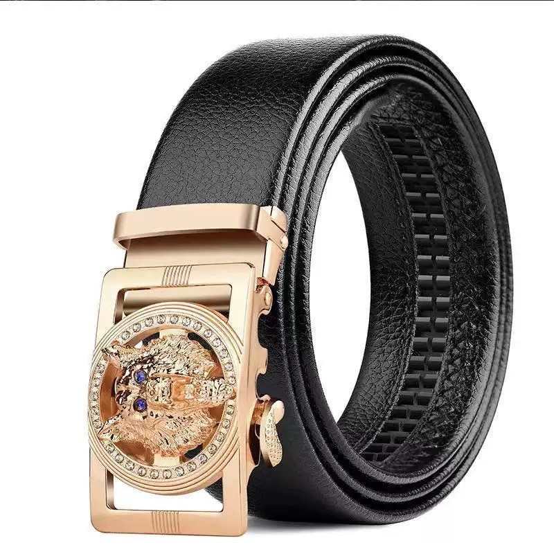 Sabuk Kepala Serigala Pria dengan Gesper Otomatis, Sabuk Kulit dengan Gesper Kepala Berlian, Desain