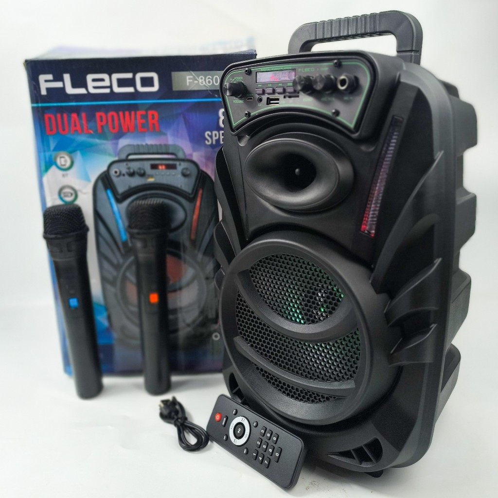 Speaker Portable Bluetooth 8.5 inch Dual Power Fleco F-8606F LED DIsplay Mode FM BT AUX TF Card Free