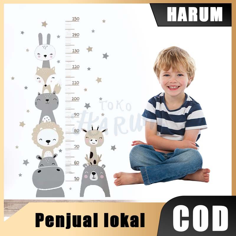 Stiker Dinding Pengukur Tinggi Badan Anak Sticker Ukur Tinggi Hewan dengan Desain Estetik untuk Kama