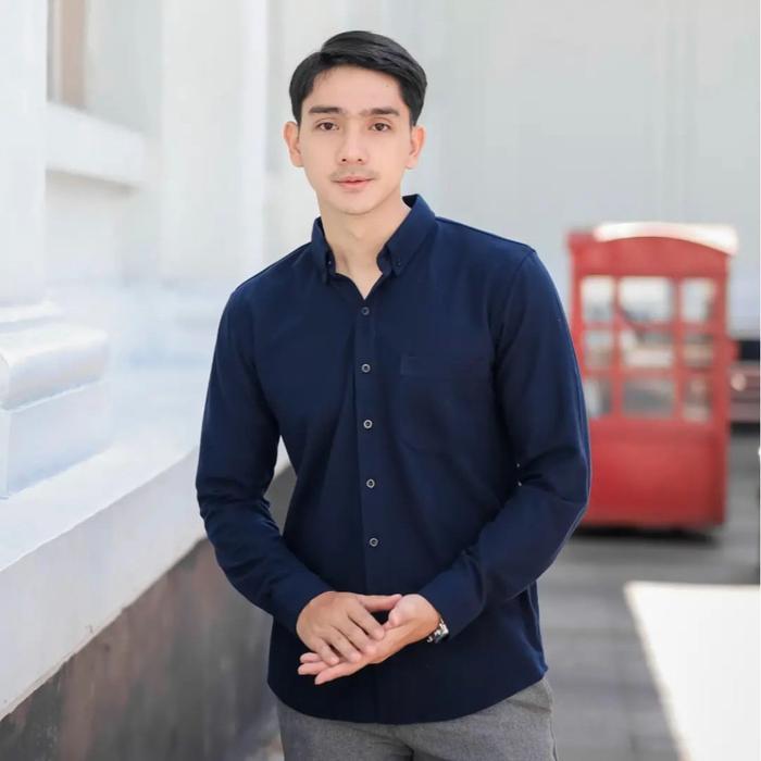 SALE - ALJOSA Kemeja Pria Polos Navy Biru Dongker Lengan Panjang Kerja kantor Slimfit Baju Cowok Hem