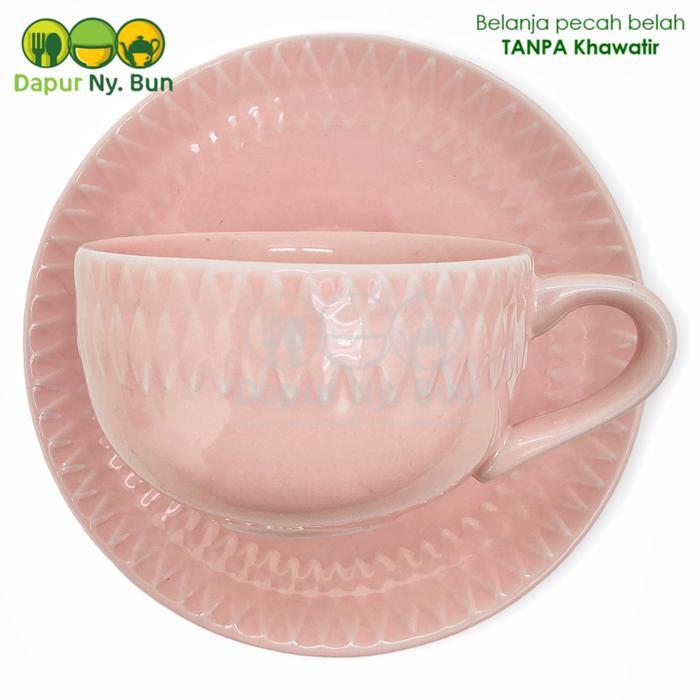 6 Pasang Cangkir Kopi Set Motif Diamond / Tea Cup Saucer - Baby Pink
