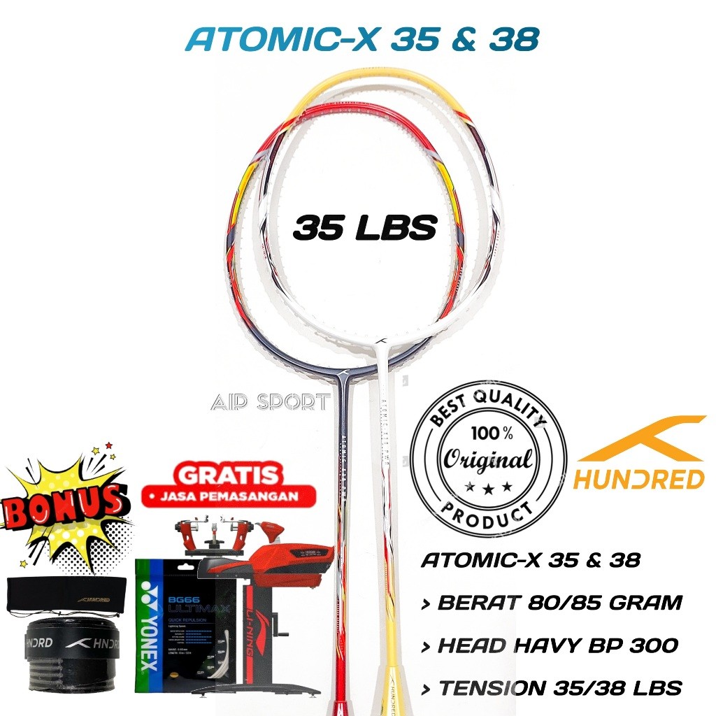 Raket Badminton Hundred Atomic-X38 original 38 Lbs