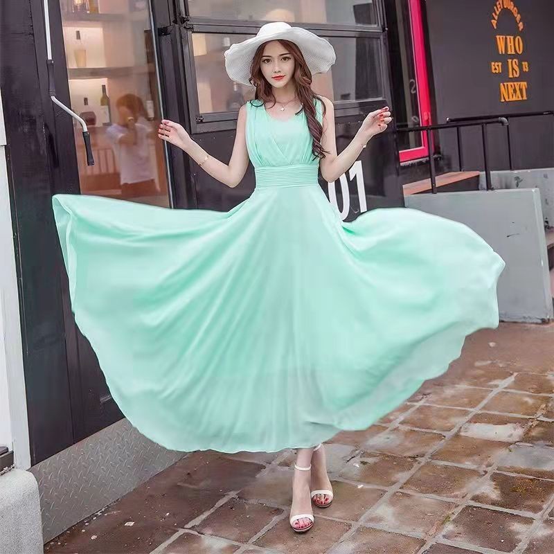 Gaun Panjang Pantai/dress korea/Gaun Sifon Tanpa Lengan/dress wanita/midi dress/korean dress sahzias