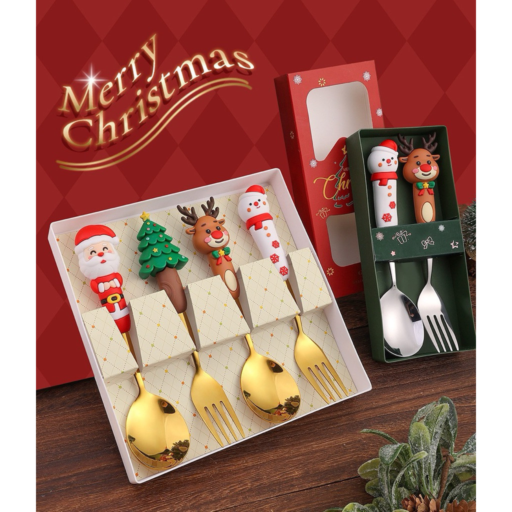 Hampers Hadiah Natal Set Sendok Garpu Stainless Steel Emas Motif Natal – Gift Set Christmas