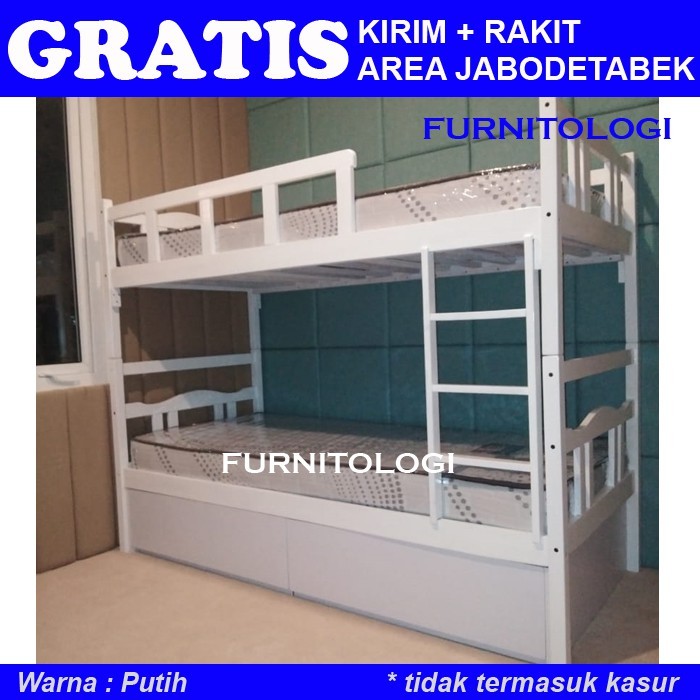 Ranjang Susun 2 Tingkat dengan Laci Kolong Serbaguna White Bunkbed Ranjang Susun Putih