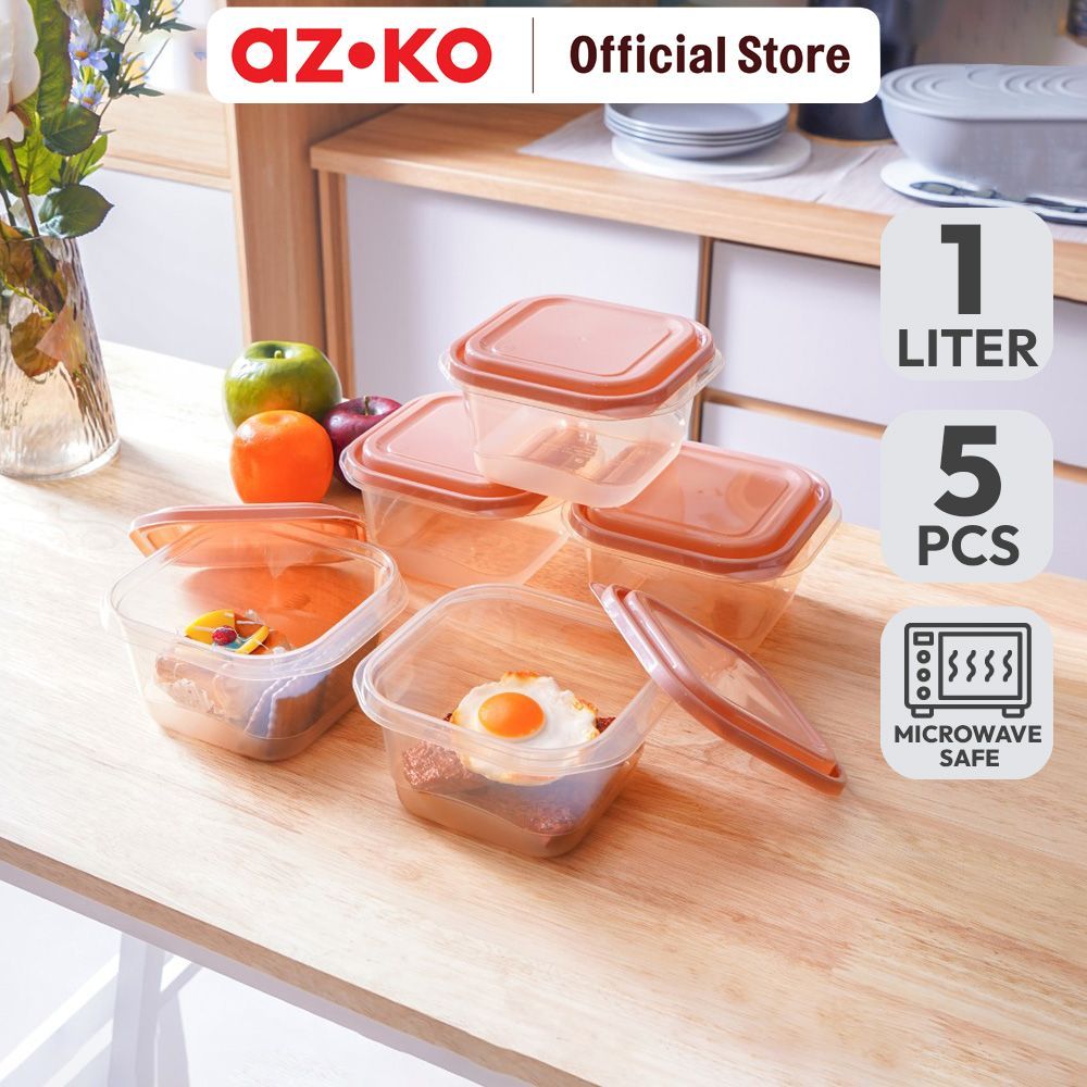 AZKO Picas 1 ltr Set 5 Pcs Milly Wadah Makanan Square - Pink Coral Food Container Kotak Makan Food G