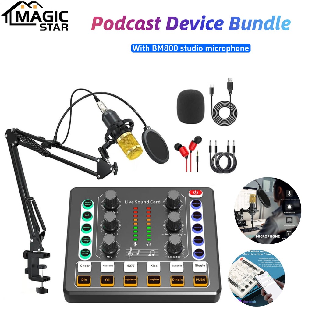 Podcast equipment set, auo interface, with BM-800 condenser microphone, DJ mixer, podcast microphone