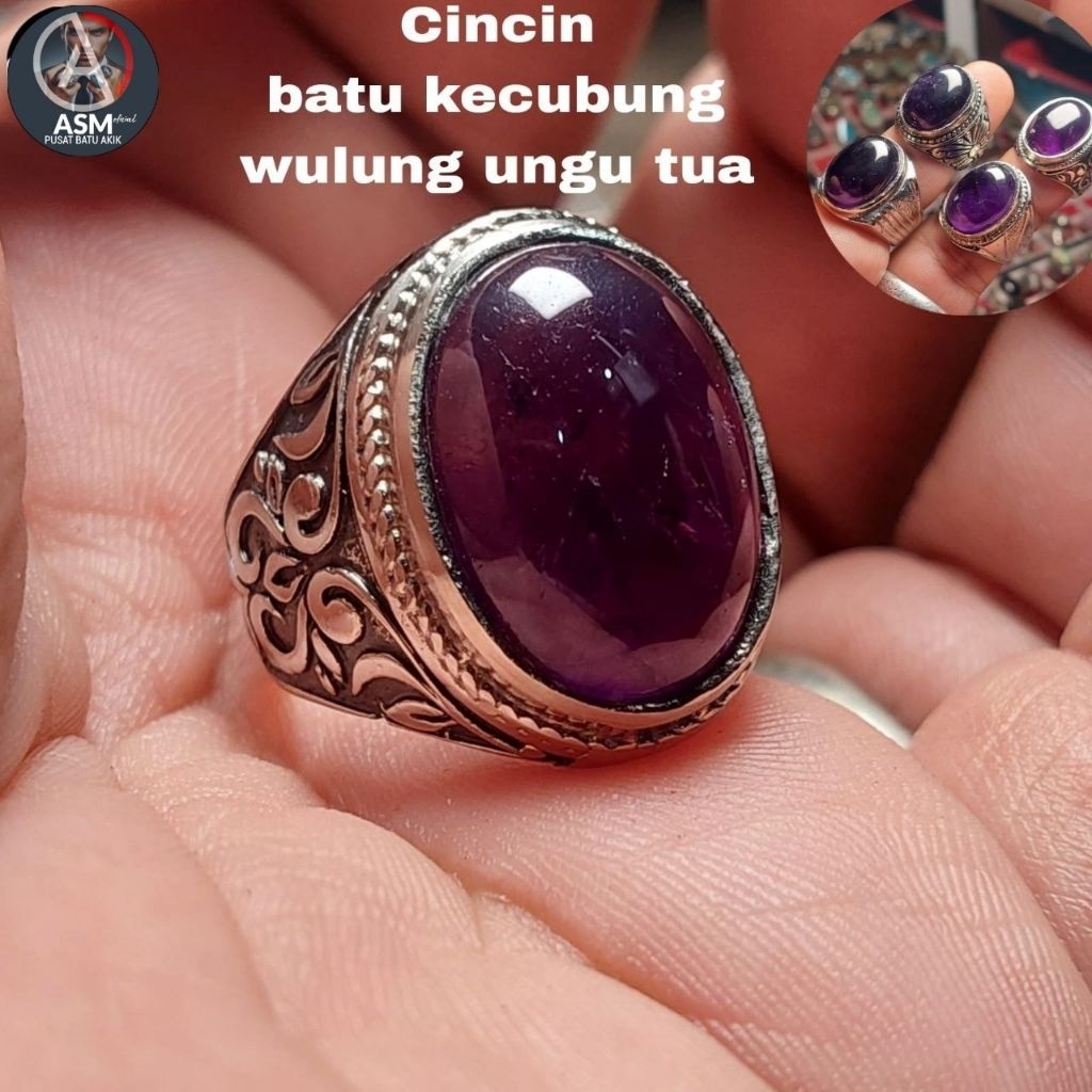 Cincin batu kecubung wulung 18mm ungu tua brazil elegan mewah