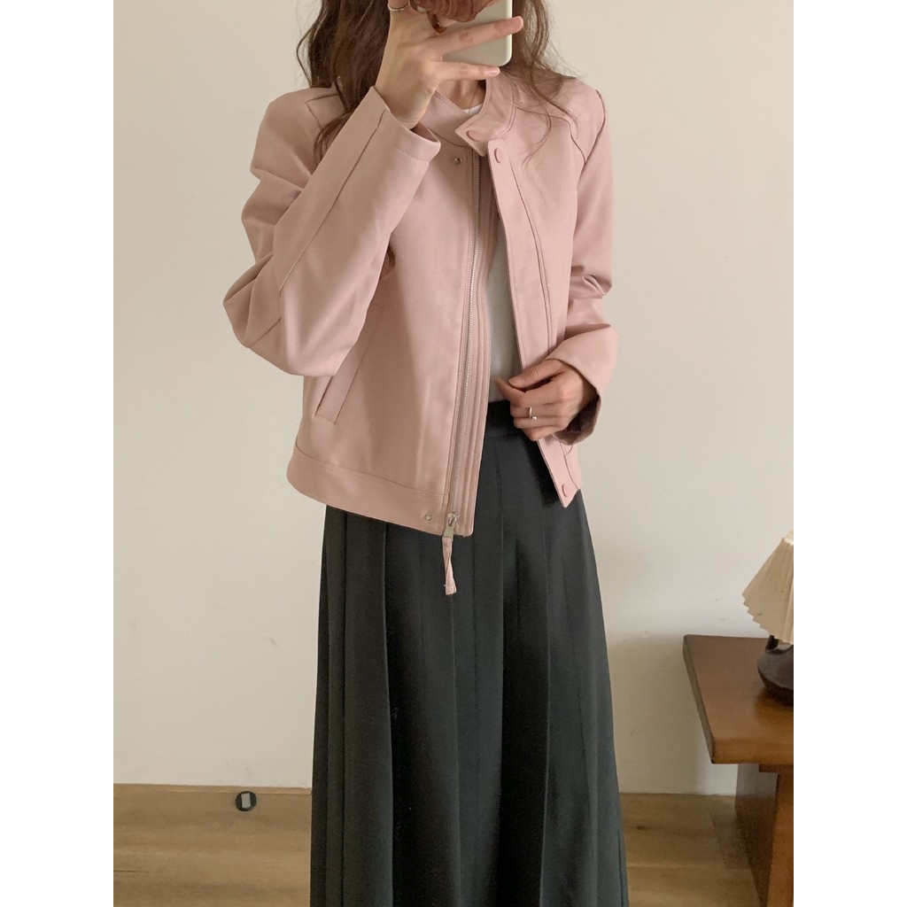 [CHIC HOUR]Jaket kulit motor temperamen kerah berdiri mode baru, atasan populer