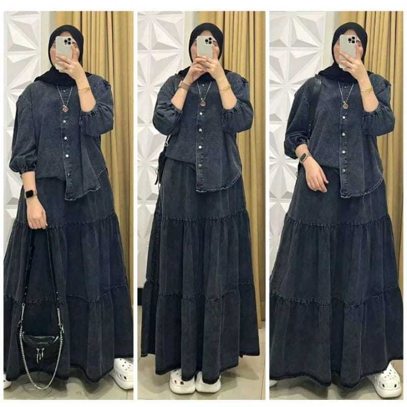 Set Rok Kemeja/Blouse Setelan Rok Kemeja Blouse Jeans  Wanita Jumbo One Set Rok Kemeja Blouse