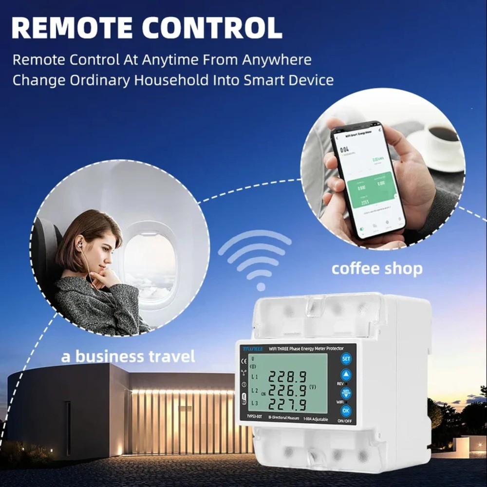 3 Phase 4 Wire WIFI Smart Birectional Energy Meter Over/Under Voltage Protector Switch Current Limit