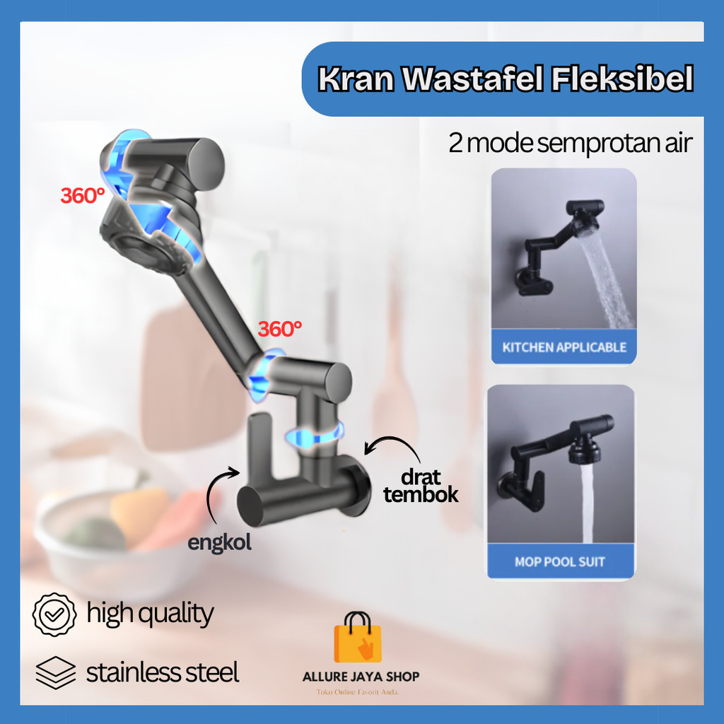 AJS Kran Angsa Dapur Fleksibel Kran Wastafel Kran Air Cuci Piring Tembok Kran Shower 1/2 Inch