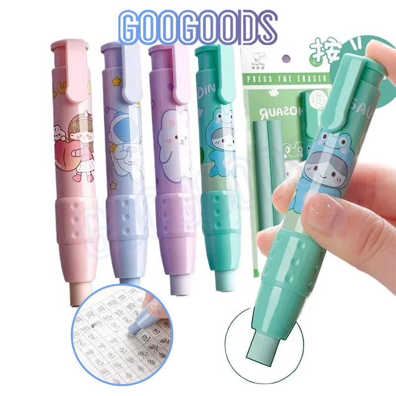 Penghapus Mekanik Kartun Lucu untuk Anak-anak - 1 Set Penghapus Pensil Tekan dengan Refill, Mainan E