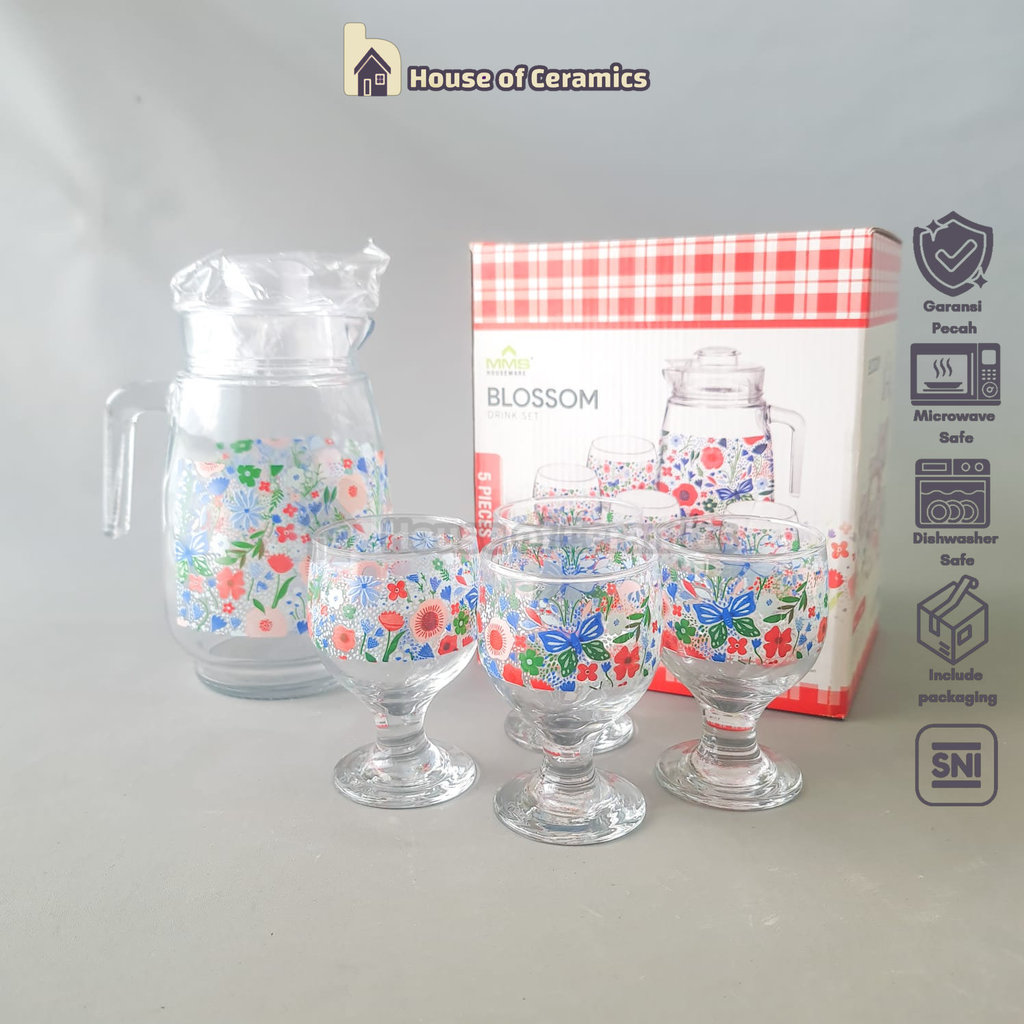 KIG  1 SET Drink Teko Cangkir Set Kaca BLOSSOM BIRU Pitcher Set Beling Jug Drink Set 4 Gelas Gagang 