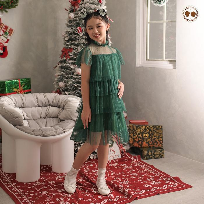 MARVES Seraphine Dress Baju Natal Anak Perempuan Bahan Tile Furing Usia 1 Hingga 14 Tahun - Forest G