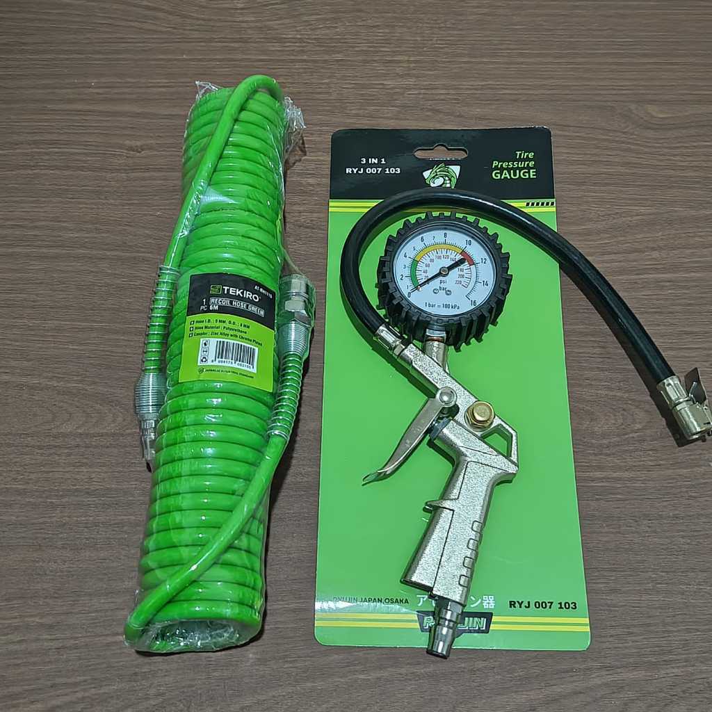 PAKET 2 SET TEKIRO Selang kompresor angin tekiro spiral + RYUJIN Tire Pressure Gauge Tire Inflator A