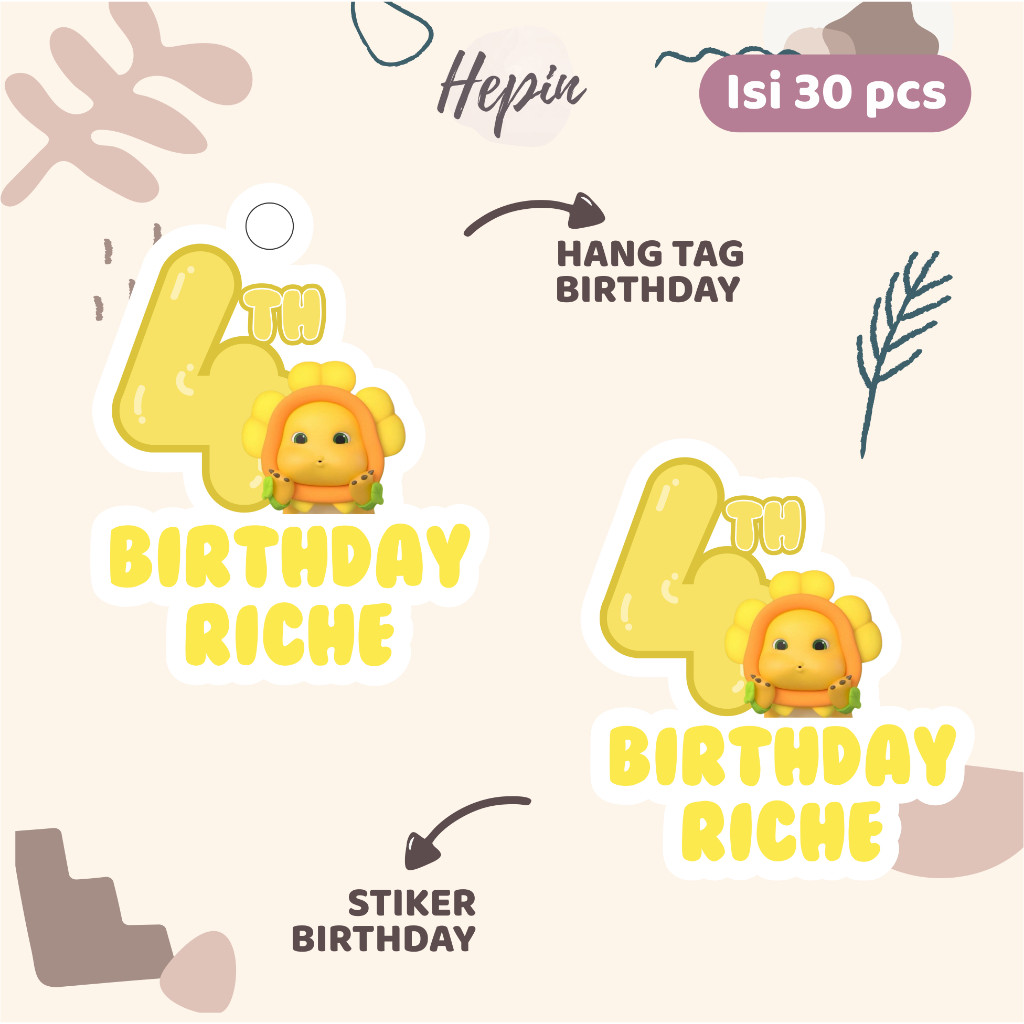 (30pcs) cetak Hang tag & stiker ulang tahun karakter NAILONG/dino kuning lucu/lucu/imut/label tag ul