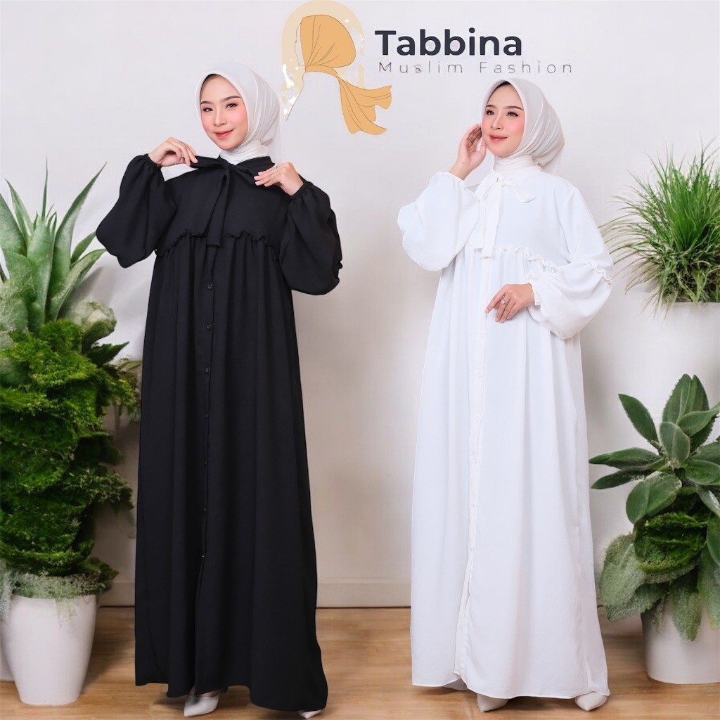 Gamis Polos Tabbina Lengan Balon Busui Friendly Bahan Adem Nyaman Elegan Simple Gaya Korea Look Warn