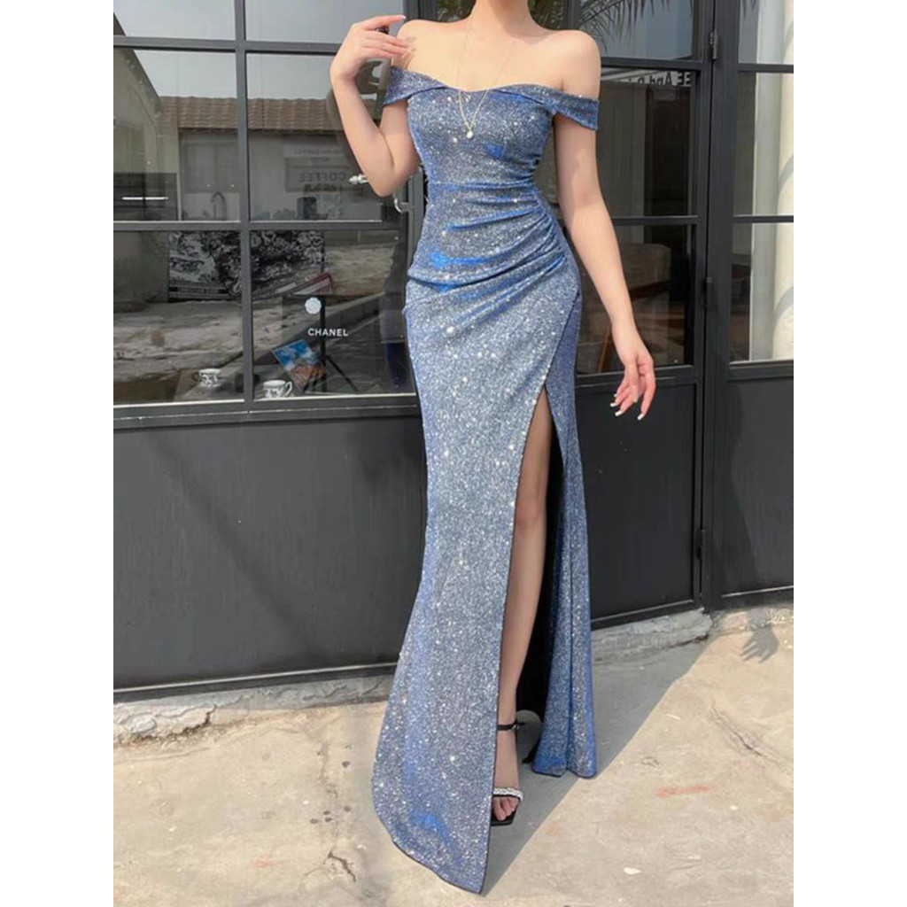 Baju Evening Dress Biru Polos Wanita Kekinian Korean Style Pesta Mewah Elegan Terbaru 2025 Gaun Mala