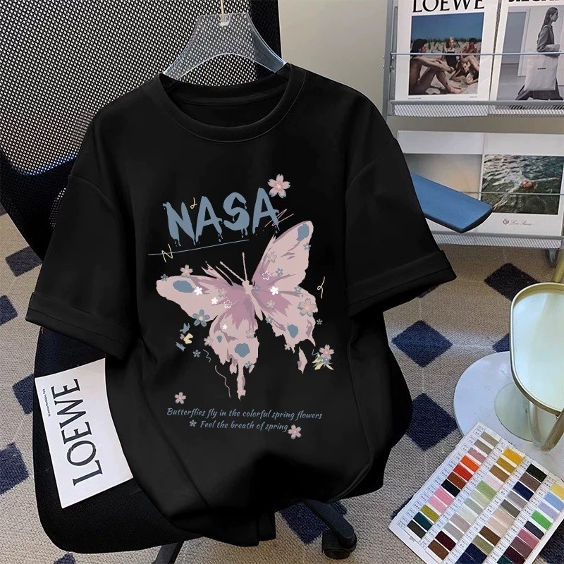 BASIQUE Putih Baju Kaos Oversize NASA Kaos Butterfly Korean Style Baju Atasan Wanita Terbaru 100% Co
