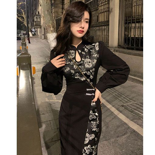 Cheongsam wanita retro mawar jacquard gaun lengan panjang wanita
